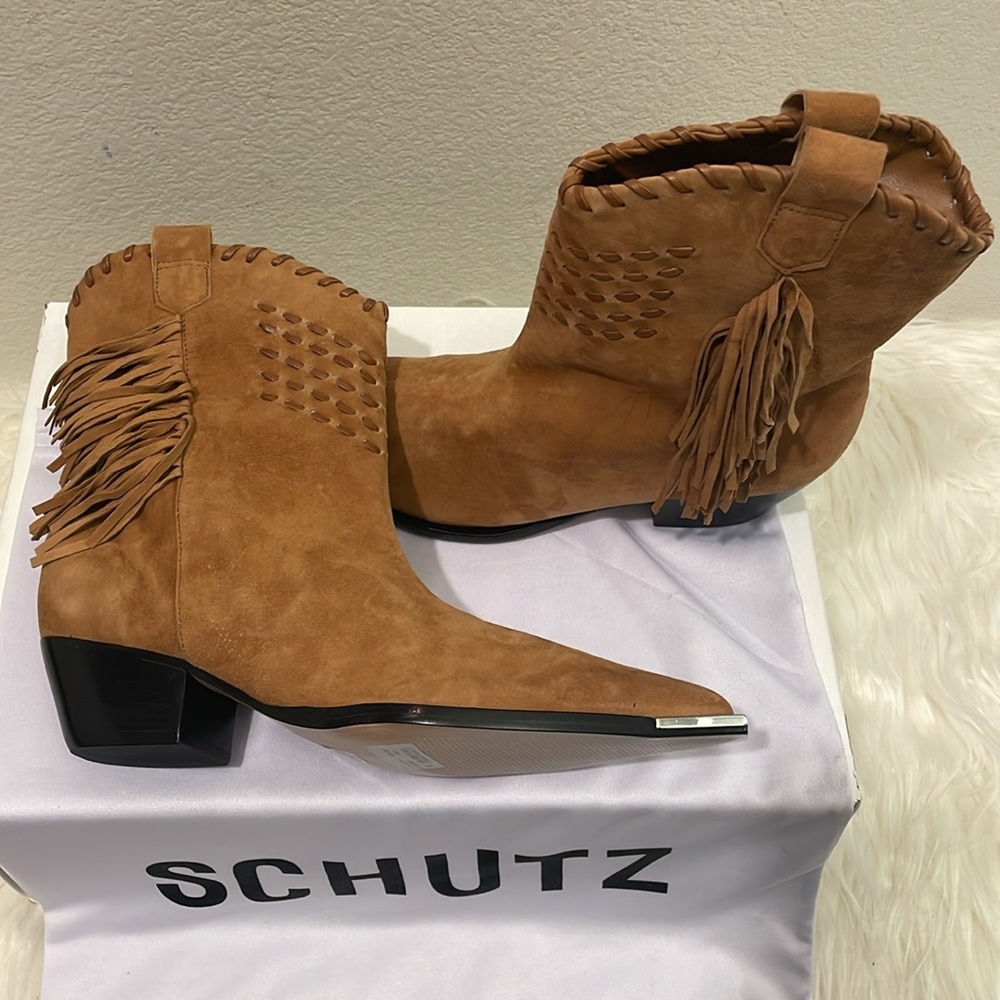 Schutz Alexxa Western Fringe Suede Cowboy Boots Brown Size 7.5 NWT - Picture 8 of 15